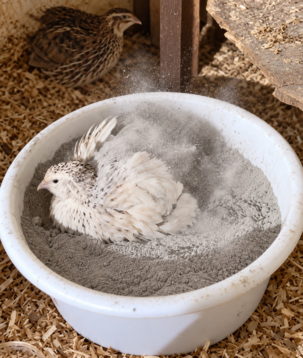 Saniblanc® Geflügelwohl im Eimer mit einem Huhn, was badet