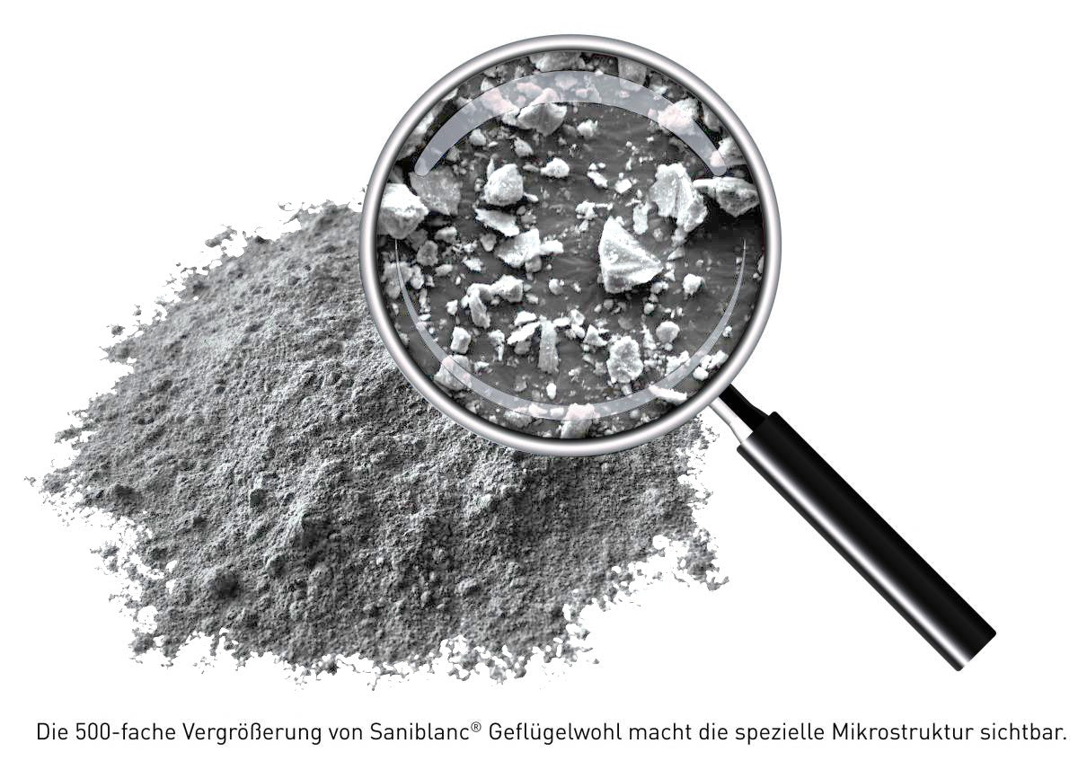 Saniblanc® Geflügelwohl Gesteinsmehl lose mit einer Lupe