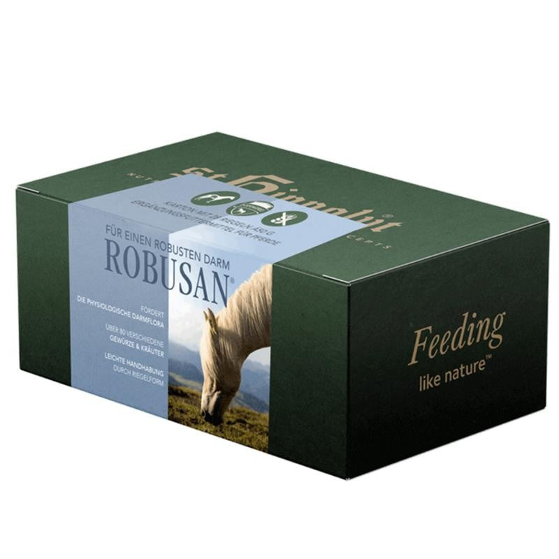 Verpackung grün - St. Hippolyt Robusan Riegel 1,2kg (28 x 40g) - Darmriegel für Pferde