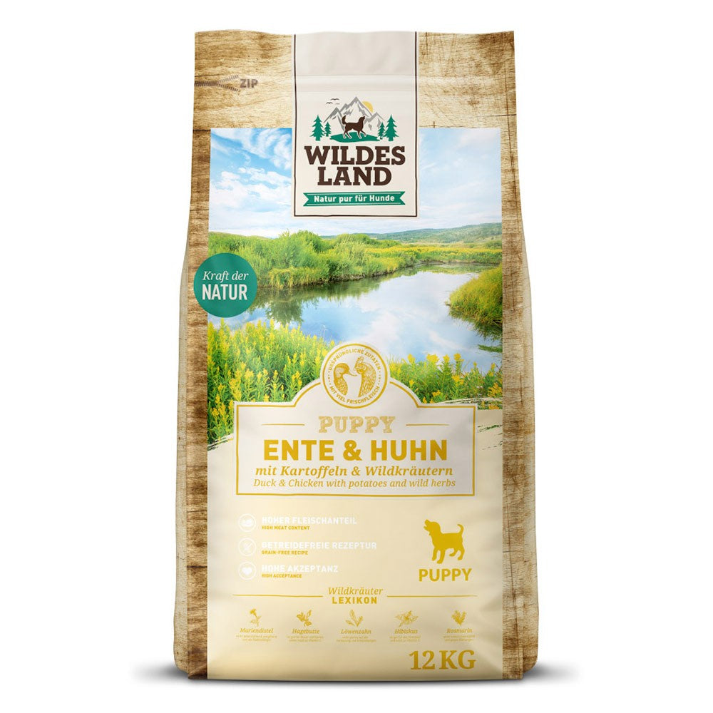 Wildes Land Classic Puppy Ente und Huhn mit Kartoffeln und Wildkräutern 12kg im Sack