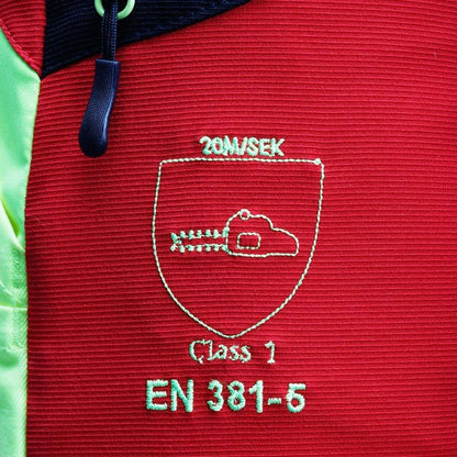 Schnittschutz und Bezeichnung gestickt PSS Schnittschutzhose X-treme Air in der Farbe rot/gelb