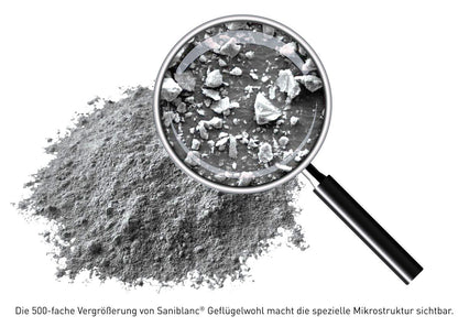 Saniblanc® Geflügelwohl Gesteinsmehl lose mit einer Lupe