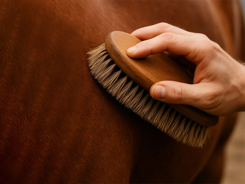 Pferd wird gestriegelt – Banner zur Kategorie Pflegeprodukte und Zubehör für Pferde