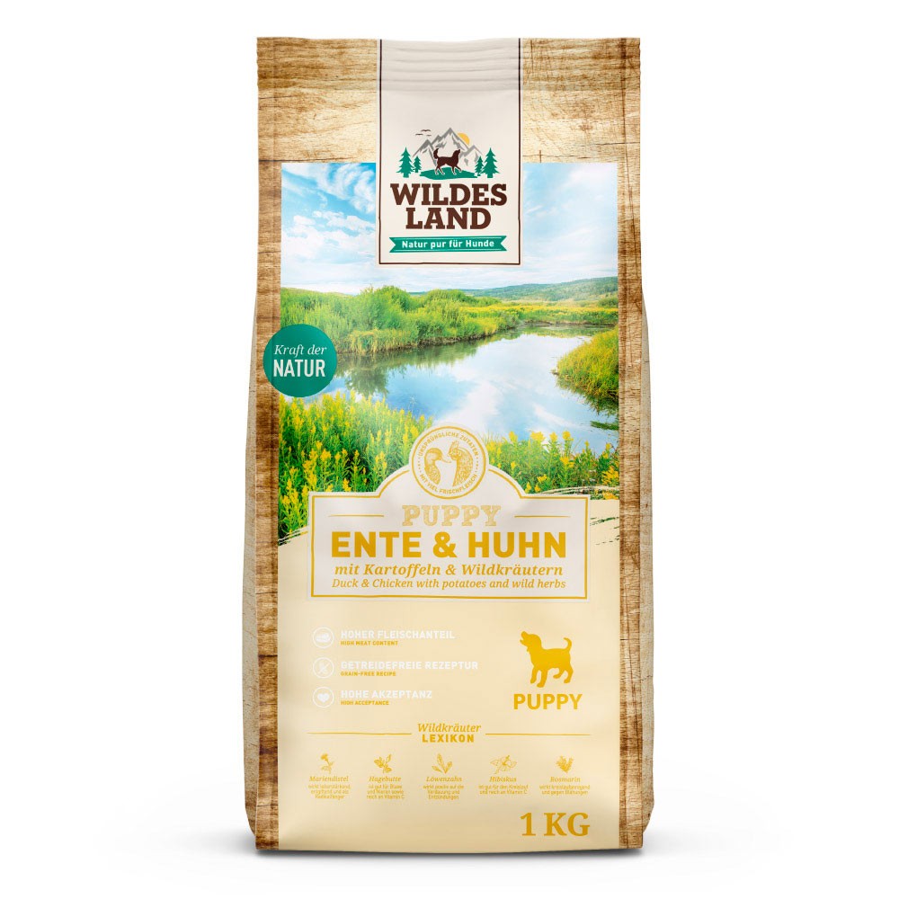 Wildes Land Classic Puppy Ente und Huhn mit Kartoffeln und Wildkräutern 1kg