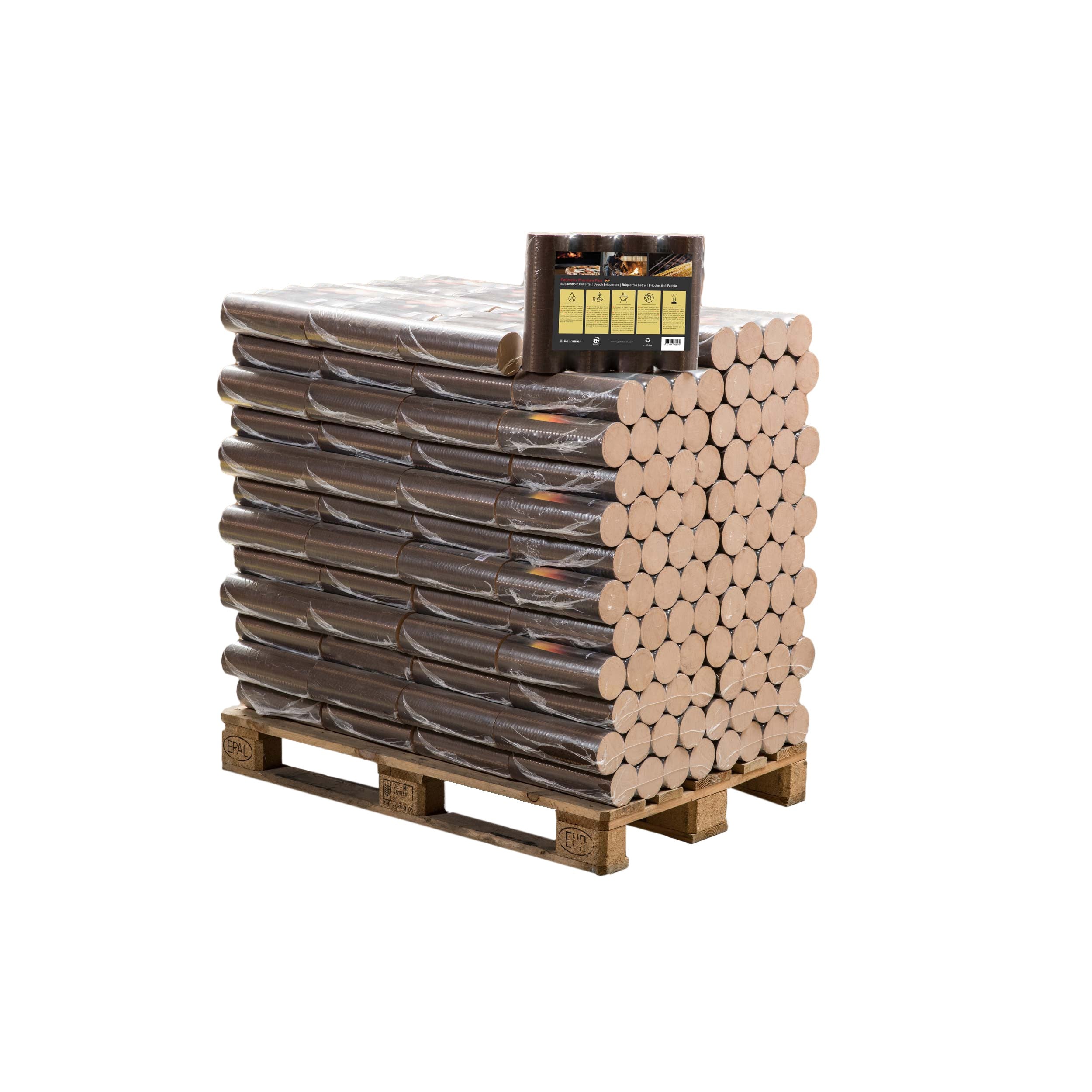 Palette mit 96 Paketen zu je 10 kg Pollmeier Buchenbriketts Premium Plus 