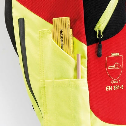 Seitentasche Nahansicht PSS Schnittschutzhose X-treme Air in der Farbe rot/gelb