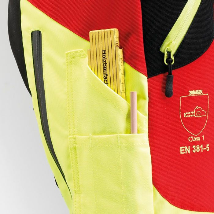 Seitentasche Nahansicht PSS Schnittschutzhose X-treme Air in der Farbe rot/gelb