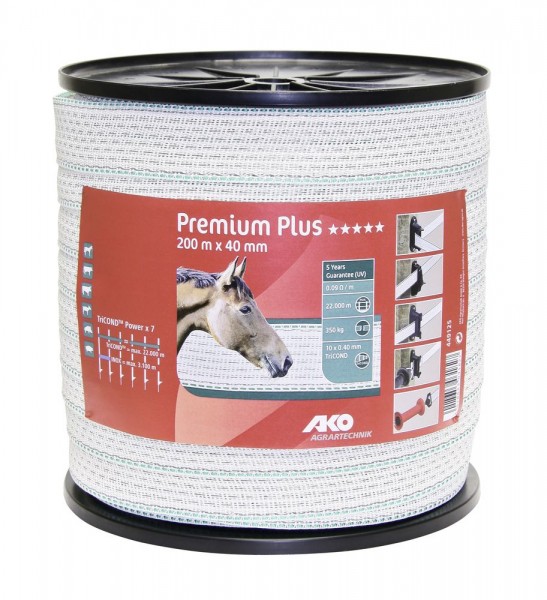 Premium Plus Weidezaunband, 200m, 40mm, weiß/grün